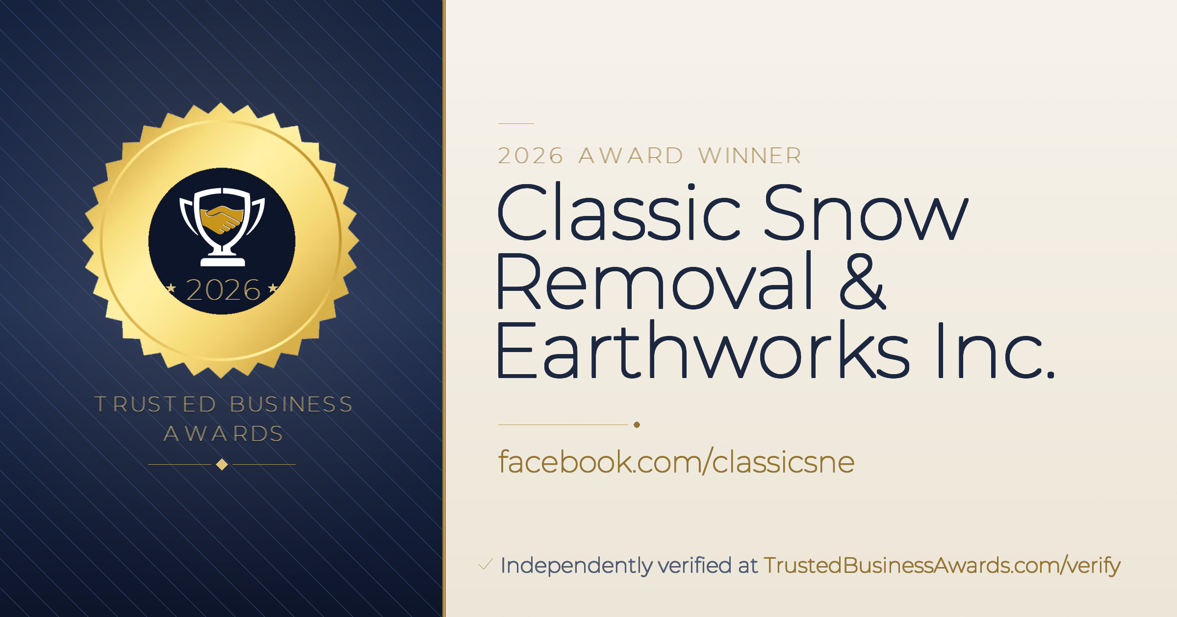 Classic Snow Removal & Earthworks Inc. — 2026 Trusted Business Awards Winner
